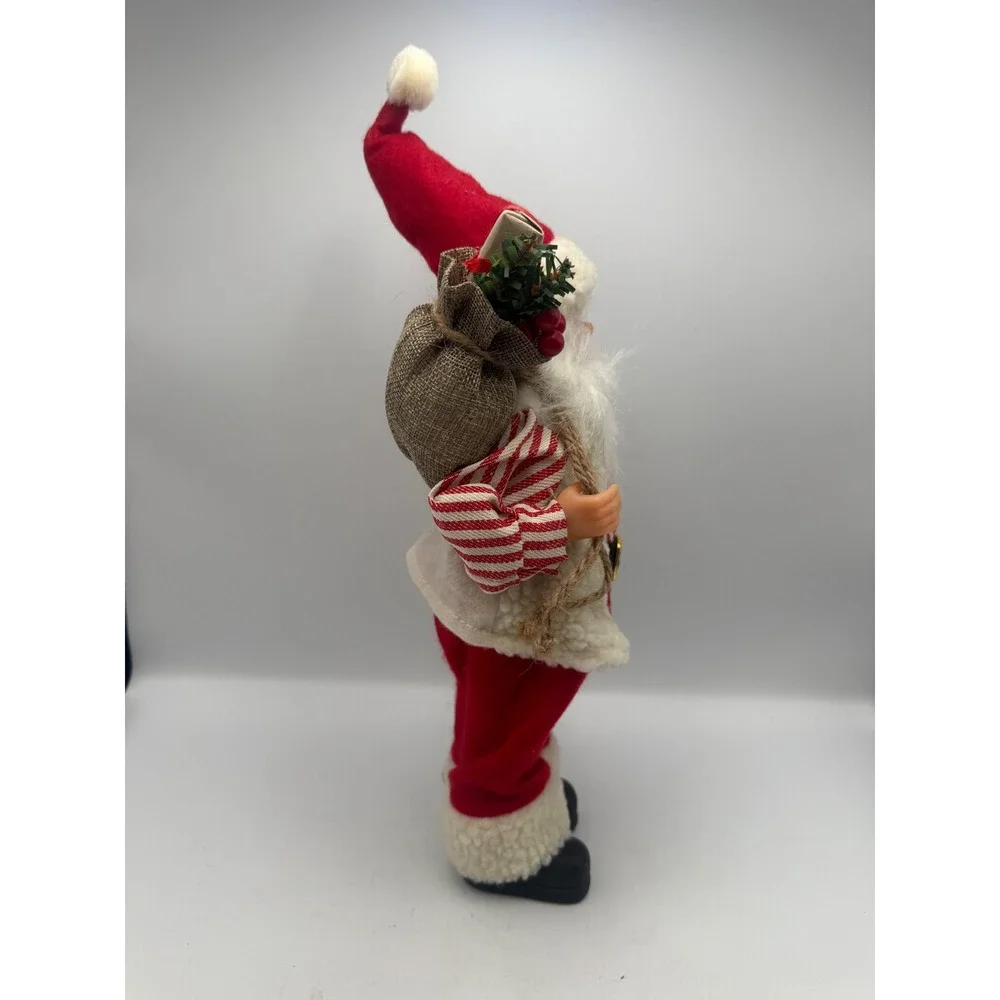 Vintage Style Standing Santa Claus Figurine Red White Striped Shirt Wreath